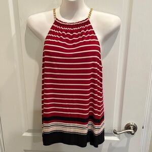 Roz & Ali Red and Cream Striped Halter Tank with Gold Chain Straps Size M